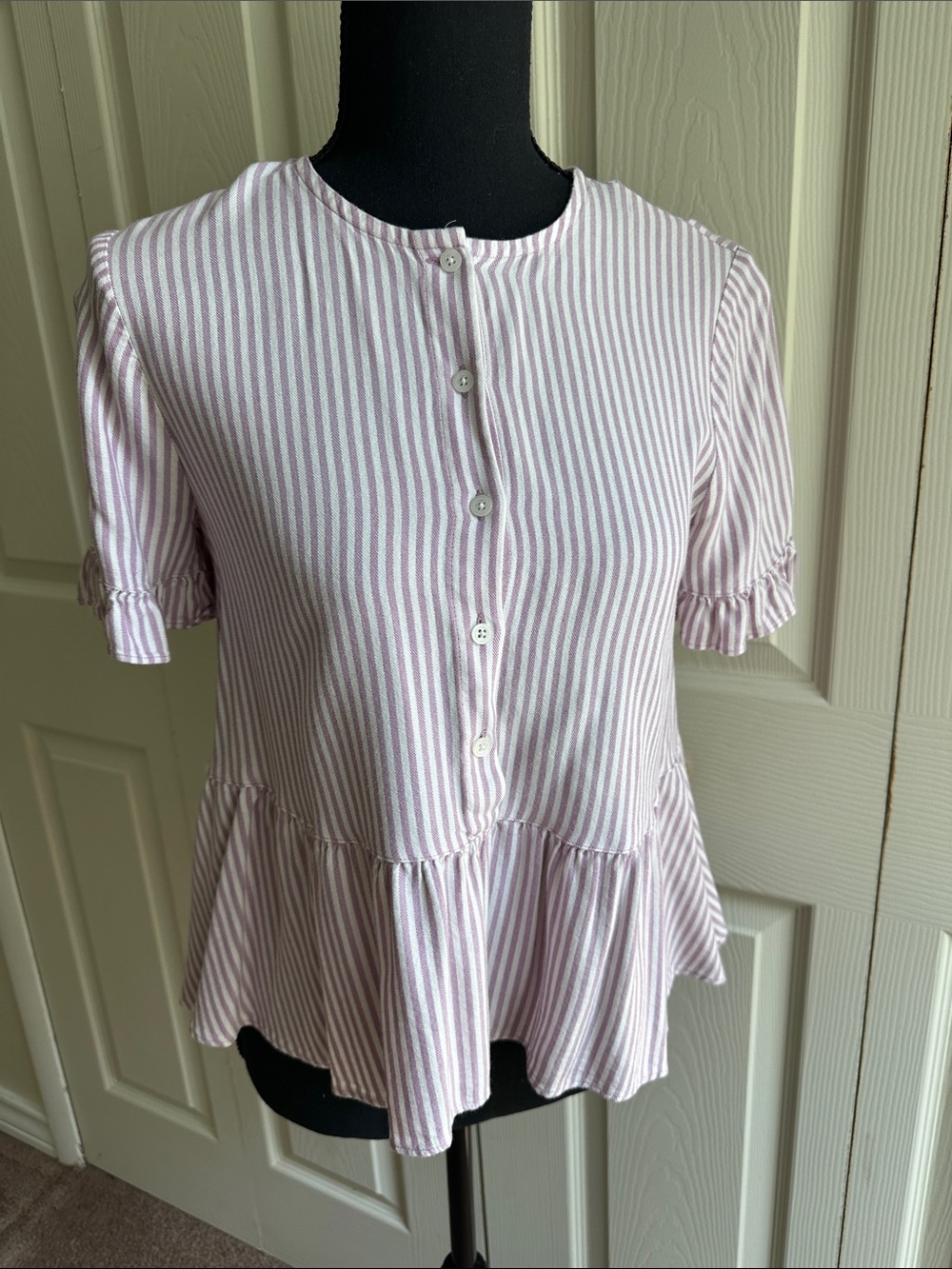 Madewell Pink and White Striped Ruffle-Hem Button Front Top